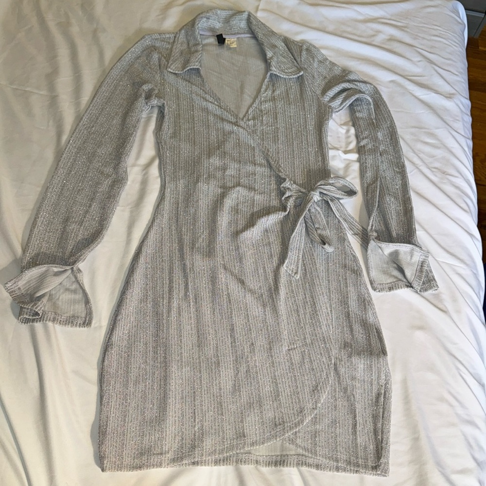 Shiny long sleeve wrap mini dress